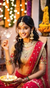 A smiling woman enjoying the Diwali festival, dressed in a beautiful, festive occasion outfit.