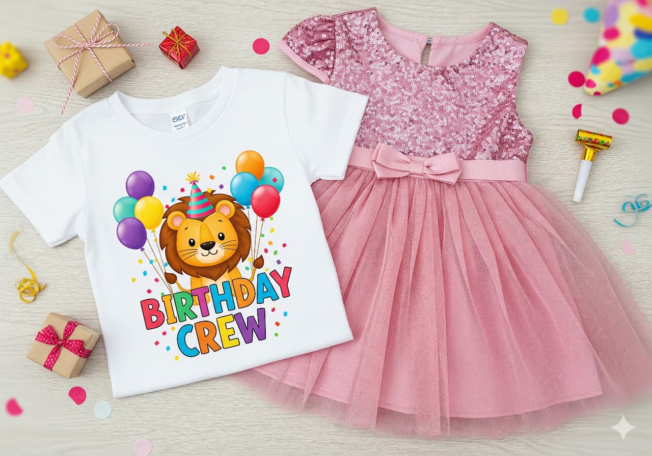 A flat lay display featuring a white kids’ T-shirt with a cute lion, balloons, and "Birthday Crew" text, paired with a pink glittery dress with a bow, surrounded by colorful confetti, gifts, and party accessories.