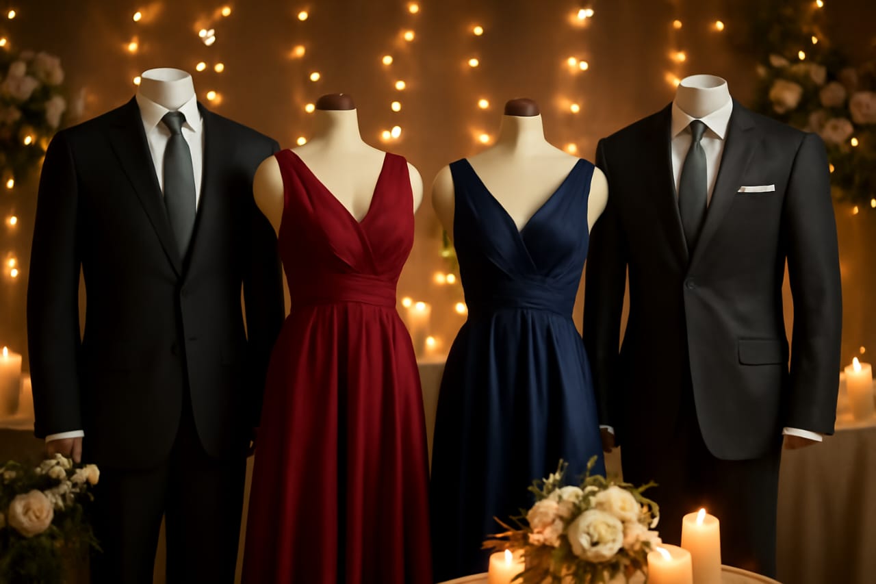 Collection of elegant anniversary clothing for men and women featuring sophisticated outfits with romantic and festive background elements.