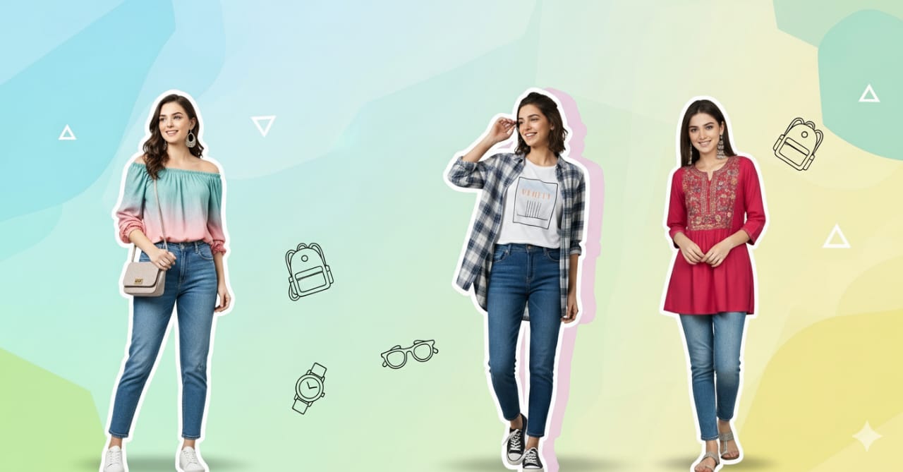 A vibrant banner with the title "Casual Chic Look," featuring three young women modelling stylish The outfits include jeans with a trendy off-shoulder top, jeans with a graphic tee and a plaid shirt, and a colorful short kurti over jeans. The background is a lively blend of pastel colors, capturing a youthful and fashionable aesthetic.