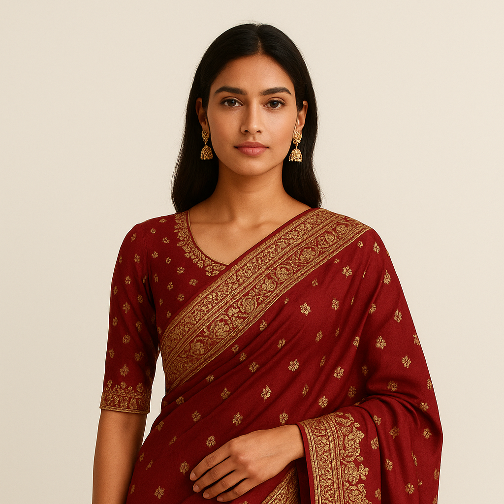 A graceful model wearing a red saree with gold embroidery, showcasing timeless ethnic customised dresses fashion.