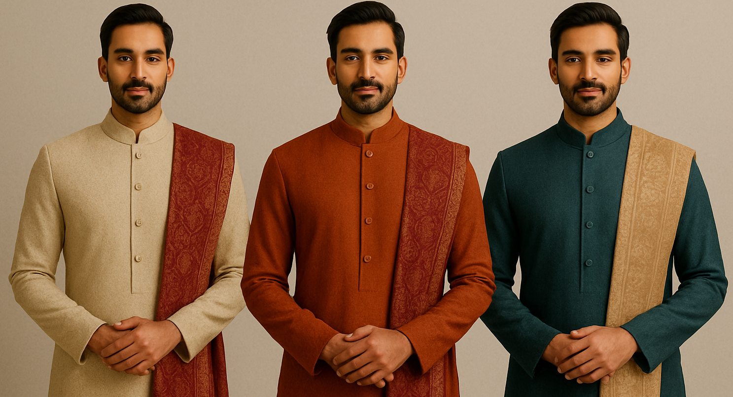 Three men wearing customised dresses elegant ethnic wear sherwanis with contrasting shawls in beige, rust, and teal colors, showcasing modern traditional fashion.