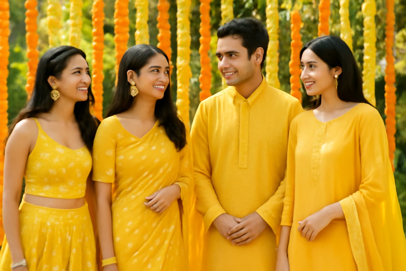 Showcasing cheerful Indian haldi ceremony outfits including bright yellow lehengas, lightweight sarees, salwar suits, and simple kurtas with floral accents, set against a lively background featuring marigold flowers, turmeric hues, and natural daylight to evoke the joyful spirit of the celebration.