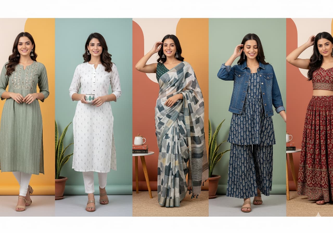 showing five women in different comfortable and stylish Indian outfits. The outfits include a straight-cut kurti with leggings, a cotton kurti, a casual saree, a palazzo set, and an Indo-western fusion outfit. The background is clean and modern with warm colors.