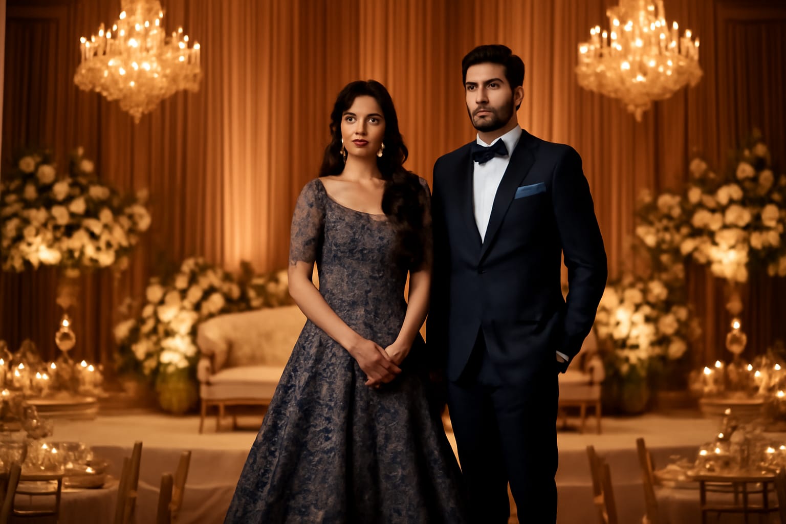 Showcasing elegant Indian reception and post-wedding outfits with the bride wearing a glamorous gown or lehenga in shades of silver, navy blue, wine, or pastel tones featuring subtle shimmer and modern embroidery. The groom is dressed in a classy tuxedo, suit, or Indo-western sherwani. The scene includes a luxurious backdrop with a decorated reception stage, chandeliers, and softly lit banquet setting, reflecting modern elegance and celebration vibes.