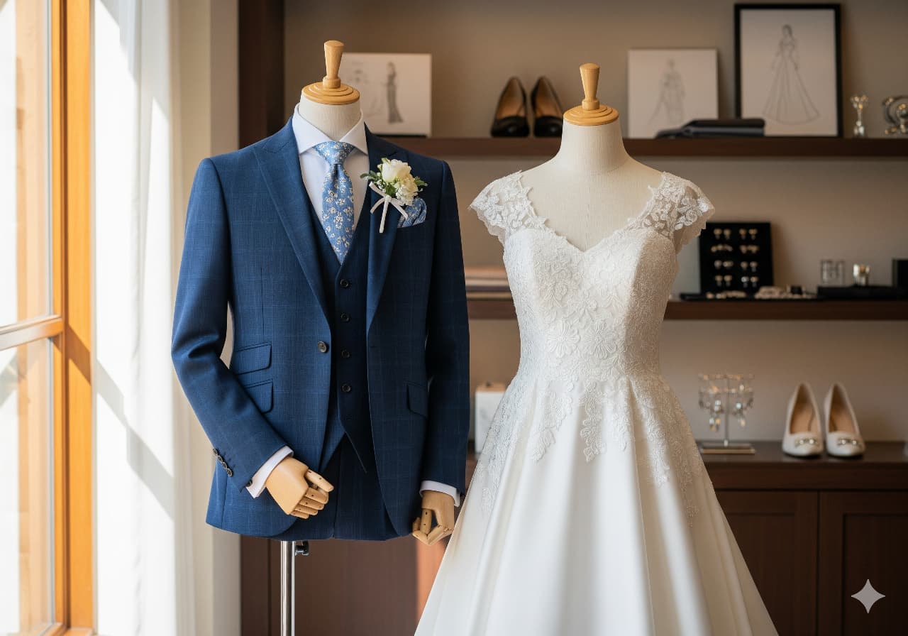 A mannequin display featuring a groom’s navy blue suit with a floral tie and boutonniere beside a mannequin dressed in a white lace bridal gown with cap sleeves, set in a boutique with shelves of shoes, jewelry, and sketches in the background.