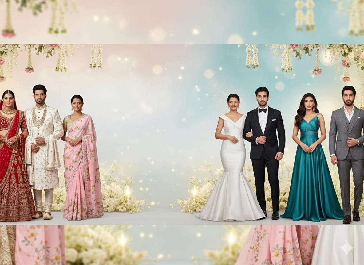 Featuring brides and grooms in elegant outfits. The group showcases a mix of traditional Indian attire like lehenga, sherwani, and saree alongside modern wedding gowns, tuxedos, and evening dresses, set against a floral and pastel background with a festive touch.