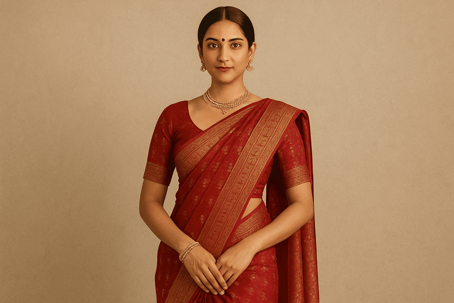 A graceful woman wearing a customised red saree with a golden blouse and traditional jewelry, standing indoors with a serene expression.