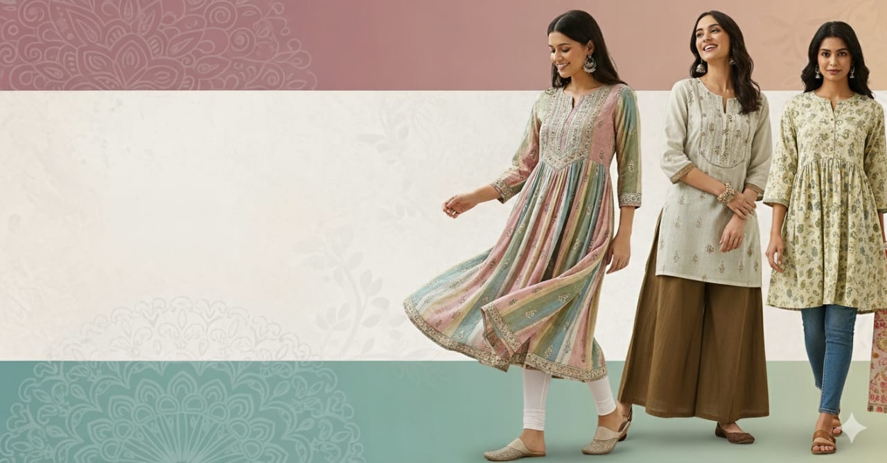 Showcasing three women in stylish, ethnic-inspired daily wear. The outfits include a colorful striped kurti with leggings, an embroidered kurti with palazzos, and a floral printed kurti with jeans. The background features subtle traditional Indian patterns in soft, earthy, and pastel tones.