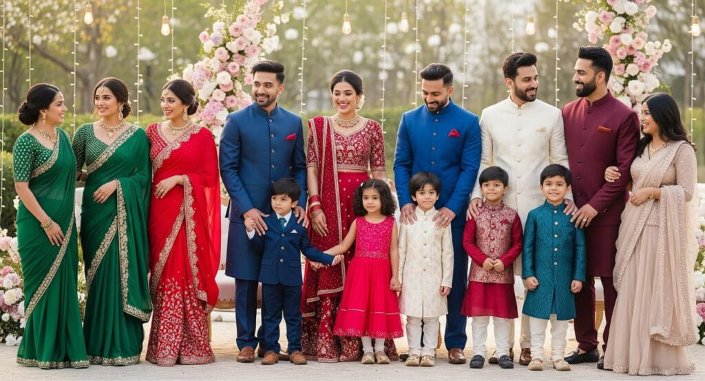 Family celebration in traditional attire from DreamEase Apparel featuring elegant and coordinated outfits for all family members