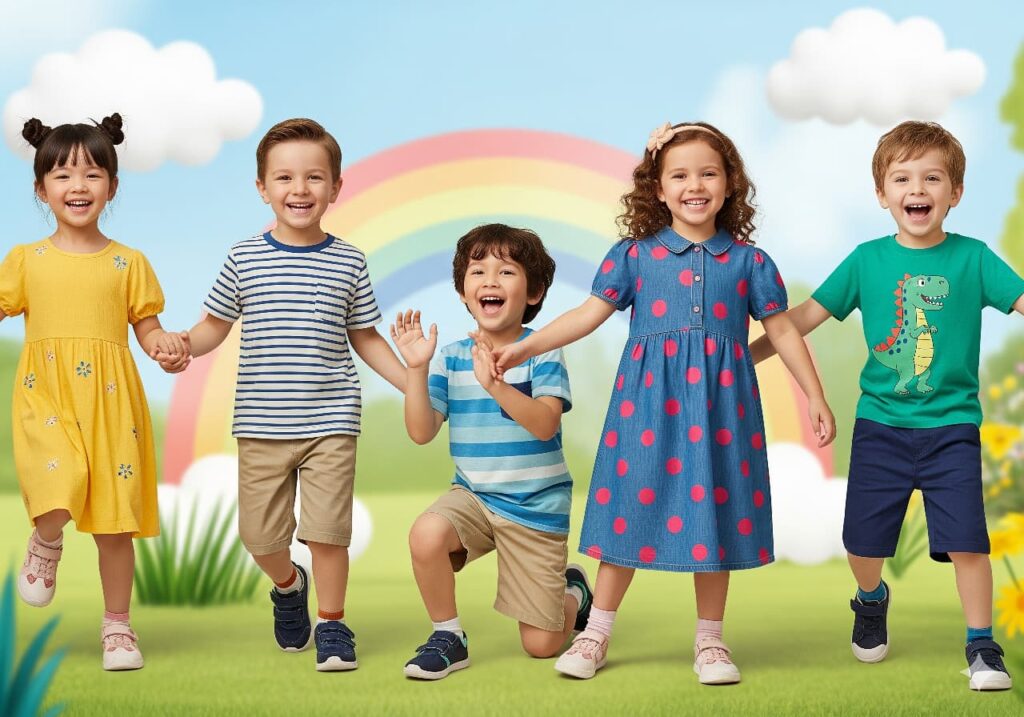 A group of five happy children of various ethnicities, playing in a vibrant, whimsical park setting. The kids, two girls and three boys, are dressed in cheerful, comfortable daily wear including cotton frocks, t-shirts, and shorts, with a bright rainbow in the background.