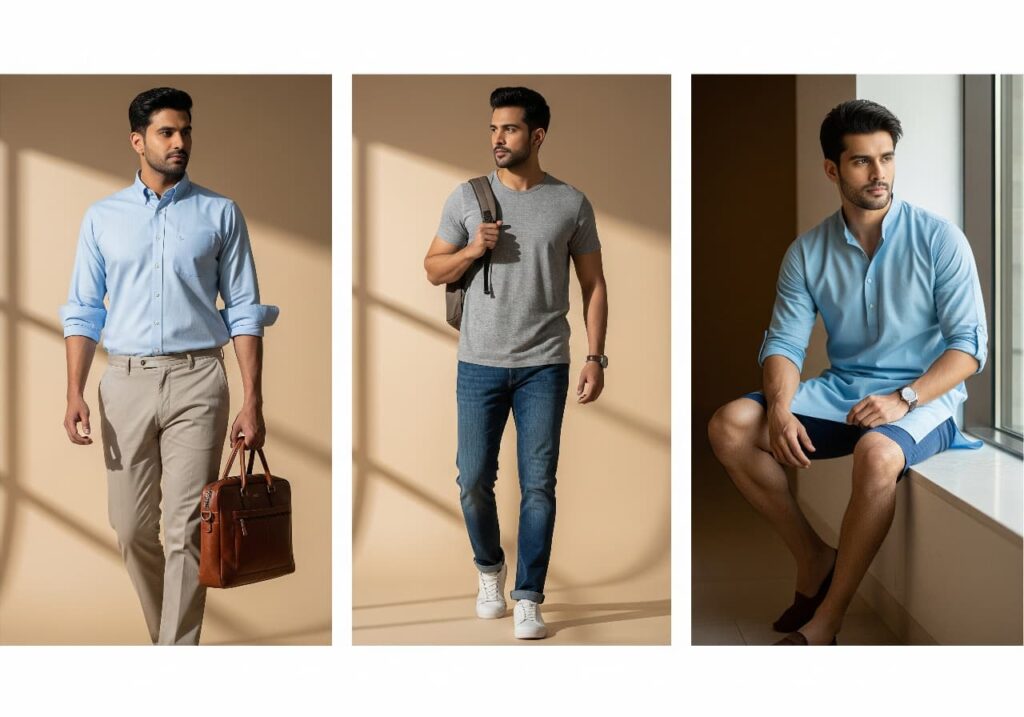 A three-panel image showcasing different men's daily outfits. From left to right: a man in a smart casual blue shirt and chinos with a briefcase; a man in a grey t-shirt and jeans with a backpack; and a man in a light blue kurta and shorts, sitting by a window. The overall style is modern and comfortable.