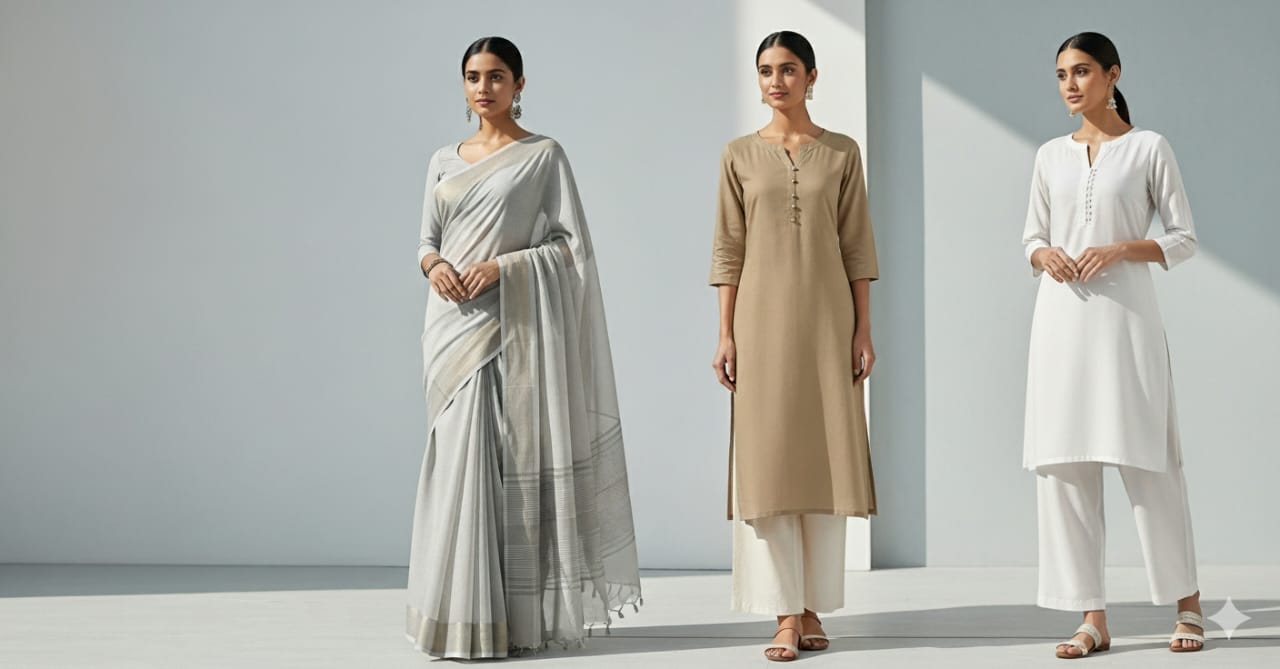A banner image showcasing three women in minimal classic Indian daily wear. The outfits include a neutral-toned cotton saree, a straight-cut kurti with palazzo pants, and a plain palazzo set. The background is simple and modern with soft lighting.