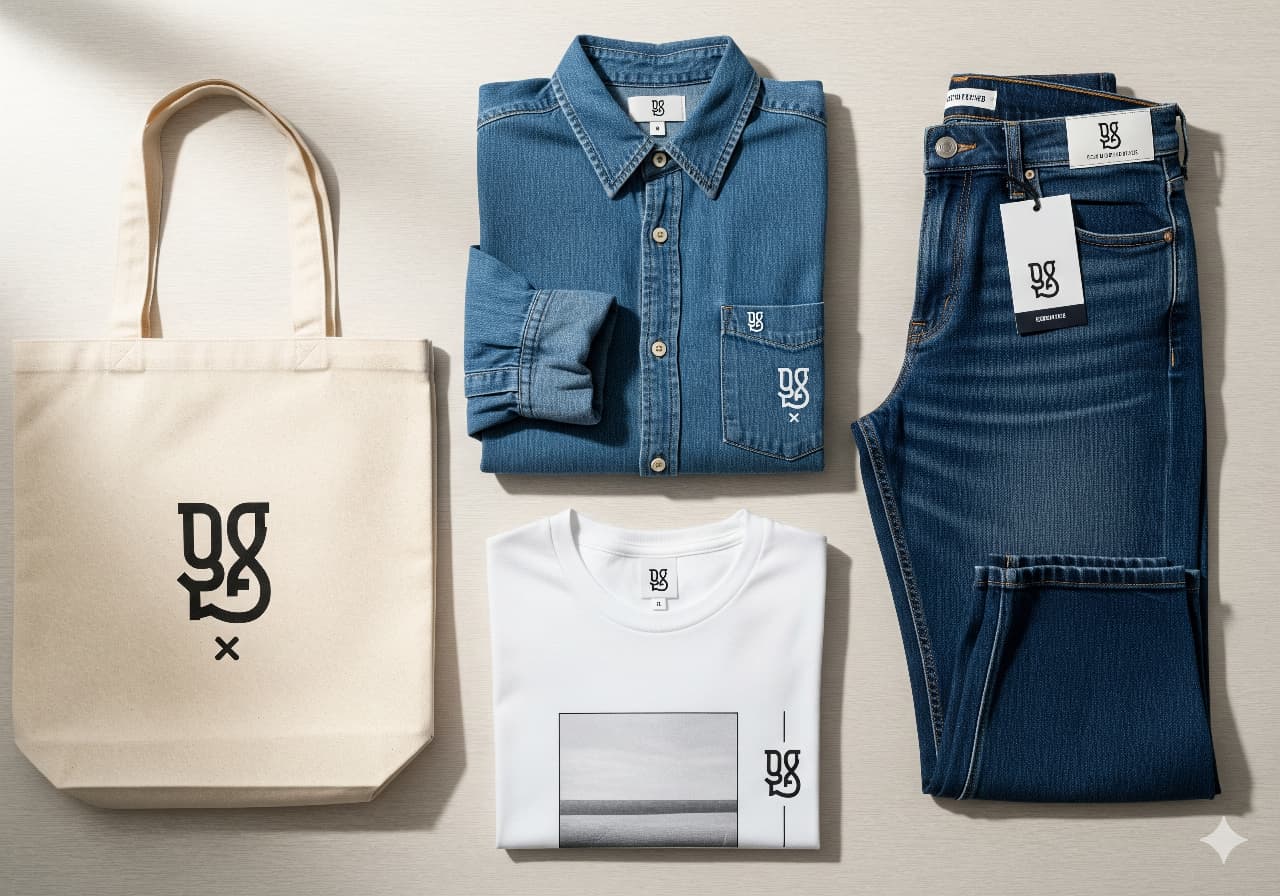A Fashion Projects neatly arranged flat lay featuring a beige tote bag with a black logo, a folded denim shirt, a pair of blue jeans with a branded tag, and a white printed T-shirt, all showcasing a coordinated modern casual clothing collection.