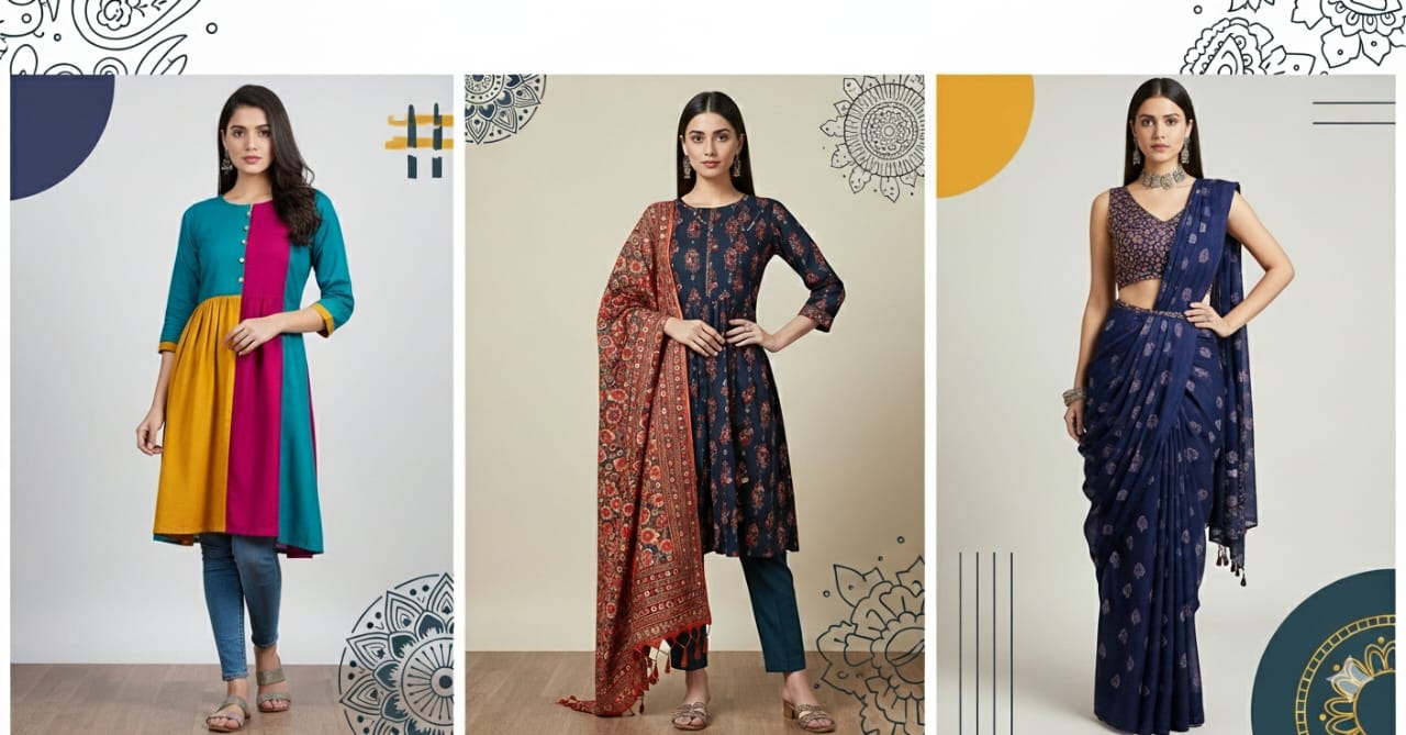 Showcasing three women in modern fusion, Indian daily wear. The outfits include a colorful kurti with jeans, a printed top with a dupatta and trousers, and a contemporary-cut saree. The background blends ethnic motifs with modern design elements.