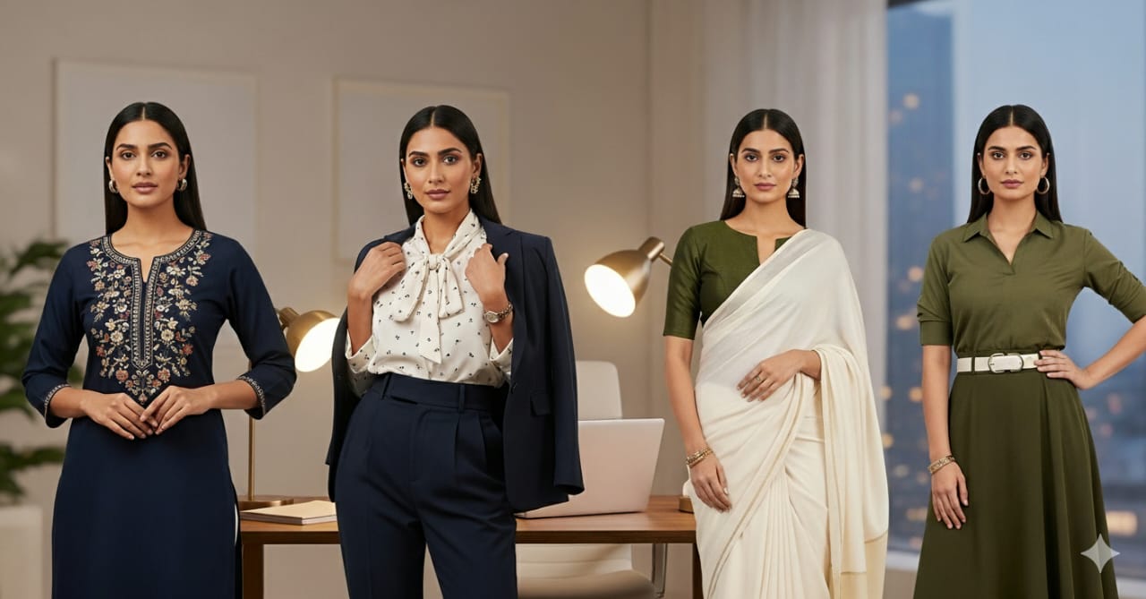 Office Elegance look featuring professional daily wear outfits for a confident workplace style