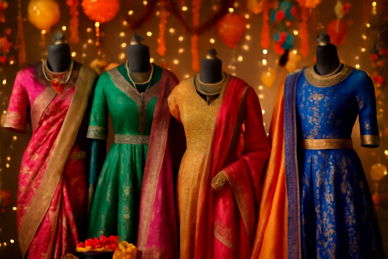 Fashion Projects' collection of elegant,special festival clothing including traditional and festive outfits with vibrant colors and accessories against a festive background.