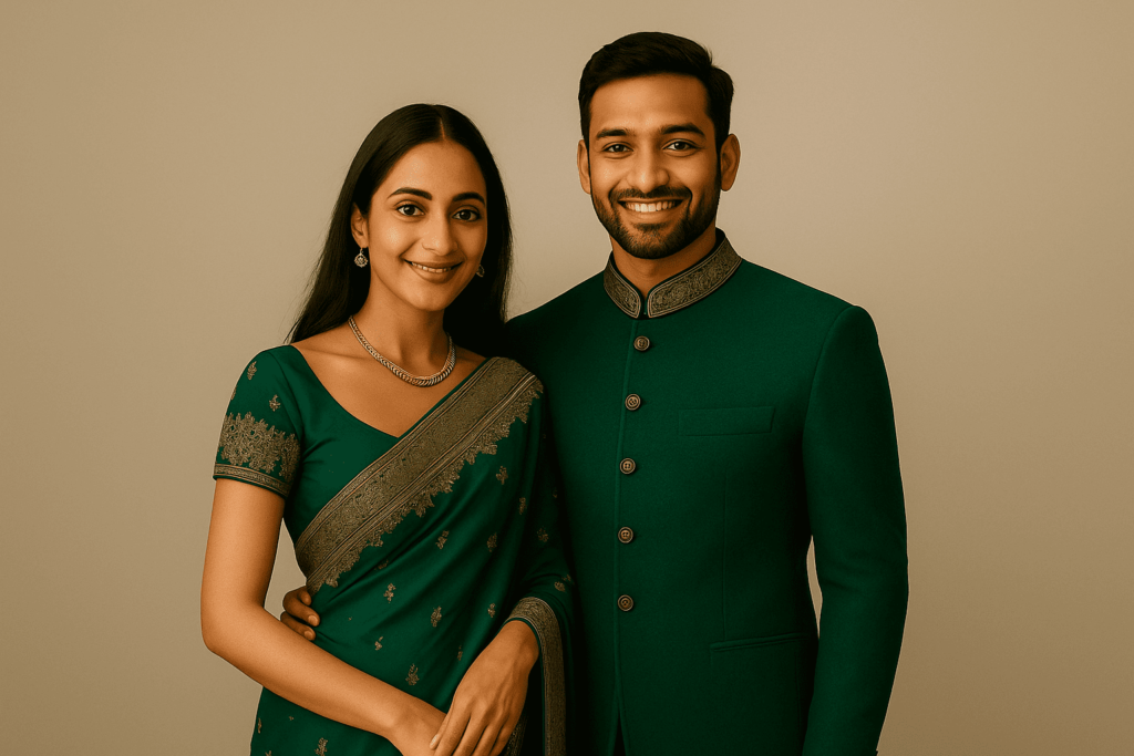 Couple wearing traditional customised dresses with elegant design Designer stitching