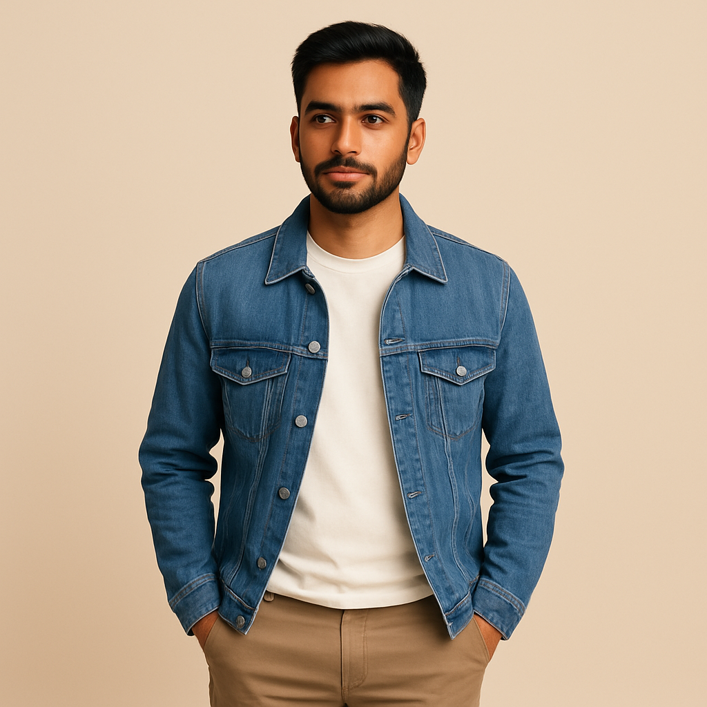 A young man dressed in a modern western outfit with a denim jacket and slim-fit trousers, perfect for everyday style.