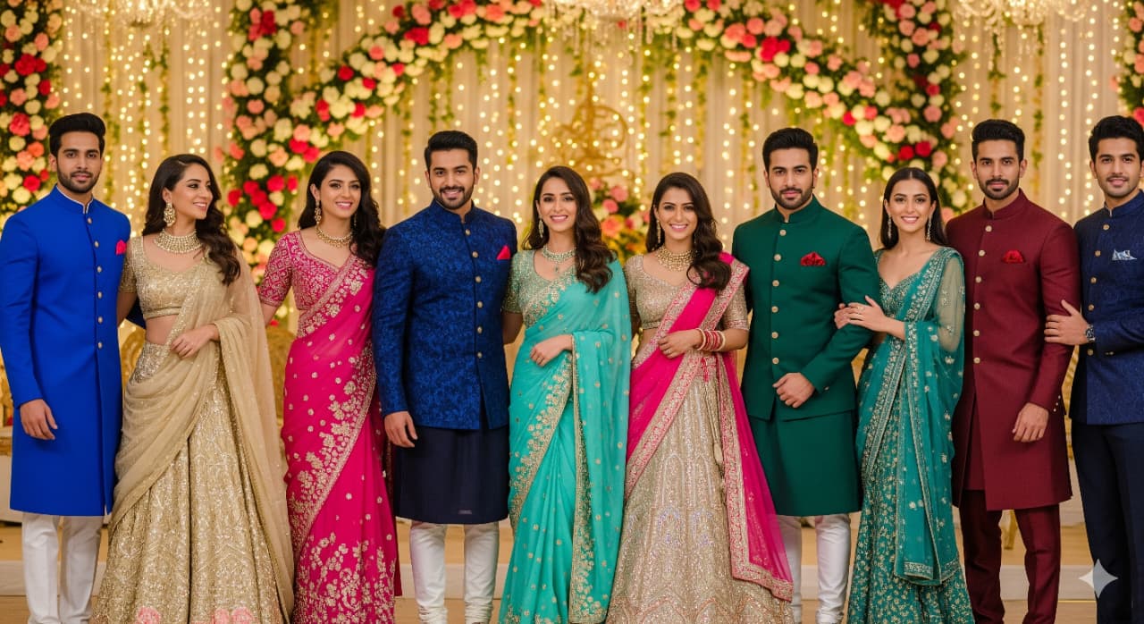 Vibrant Indian Sangeet outfits from DreamEase Apparel featuring colorful and stylish designs for festive celebrations