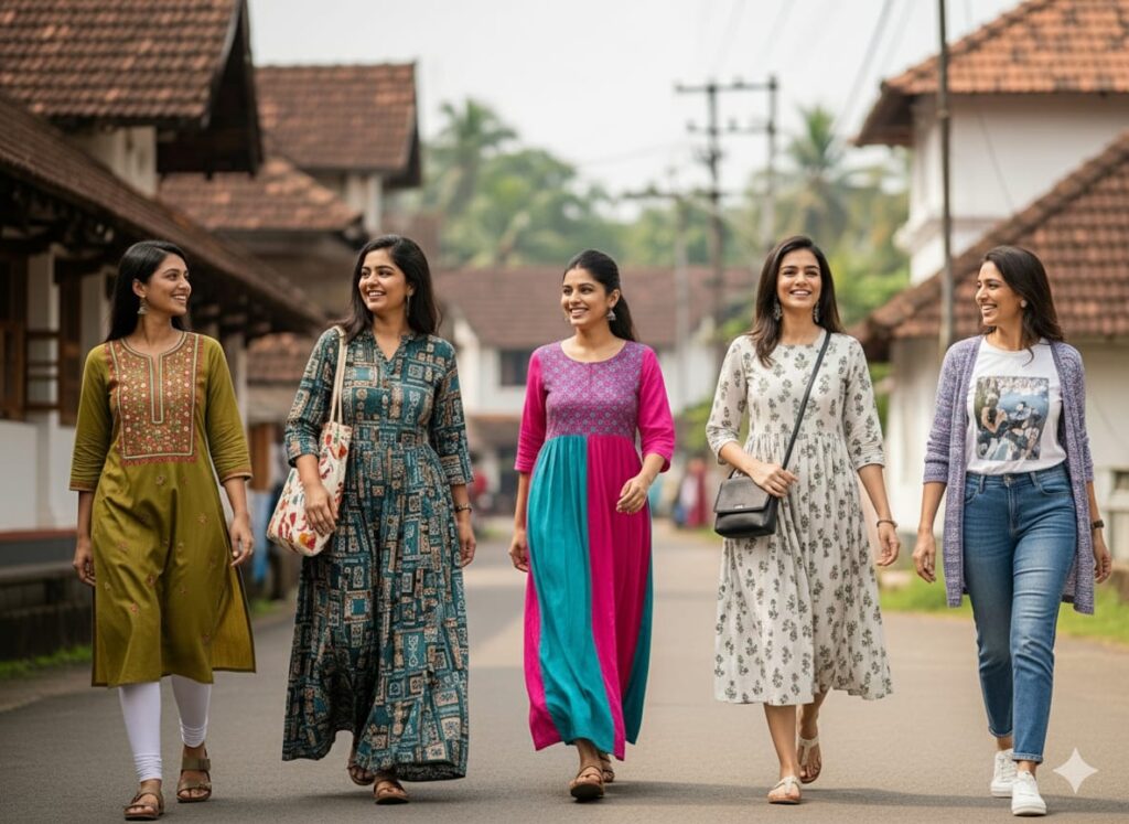 A group of five smiling Indian women walking down a street in Palakkad, showcasing various daily wear outfits including traditional kurtis, palazzo sets, maxi dresses, and modern jeans with t-shirts, all in vibrant colors and patterns.