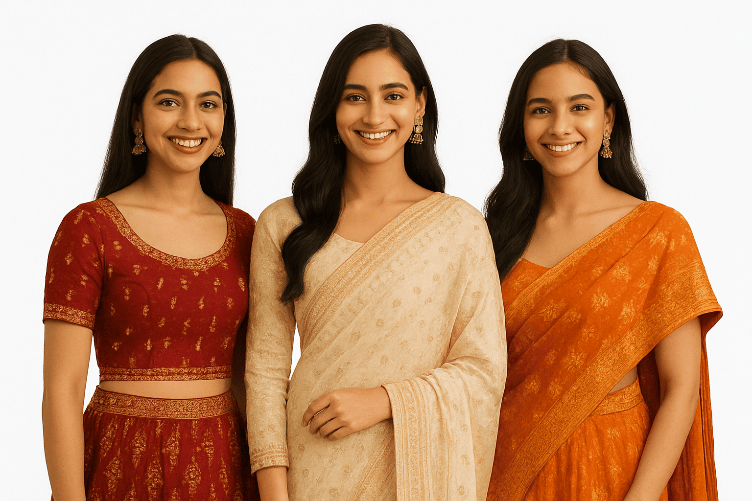 Three elegant young women posing confidently in stylish ethnic customised dresses.