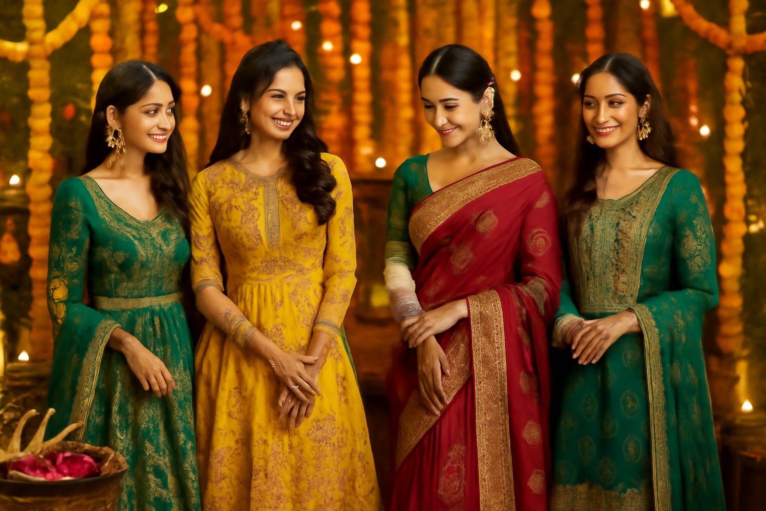 Showcasing elegant Indian mehandi ceremony outfits in rich shades of green, yellow, and maroon with intricate embroidery, mirror work, and henna-inspired patterns. The scene features lehengas, anarkalis, sarees, and salwar suits, set against a traditional festive background with floral décor, mehndi cones, and warm lighting.