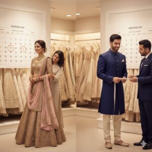 A split-screen image showing an Indian bride and groom preparing for their wedding.