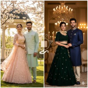 A split image showcasing an Indian couple in two distinct wedding looks. The left panel features the couple in daytime, wearing pastel-colored outfits—a peach lehenga for the bride and a mint sherwani for the groom. The right panel shows them in elegant evening wear, an emerald green lehenga and a navy blue sherwani.
