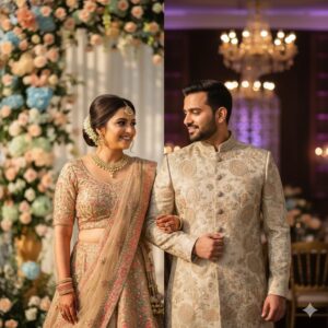 An Indian bride in a pastel lehenga and a groom in a beige sherwani smiling at each other, illustrating how to choose wedding outfit colors for day and evening events.