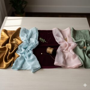 A collage showcasing five different popular fabrics for Indian wedding outfits. Each panel features a couple in attire representing a specific material: traditional silk, flowing georgette, luxurious velvet, modern organza, and versatile blended fabrics.