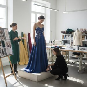 A fashion designer and a tailor work with a client in a bright studio during a fitting for a custom-made, elegant royal blue gown with intricate silver embroidery.