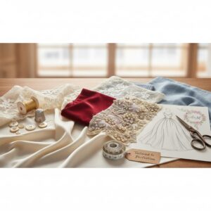 A wooden table displaying the elements of a custom wedding outfit design process, including luxurious fabric swatches like silk and lace.