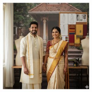 A smiling Kerala bride and groom in beautiful traditional wedding outfits, standing inside a fashion designer's studio. The background features mannequins, design sketches, and fabric swatches, highlighting the trend of custom wedding wear in Palakkad.