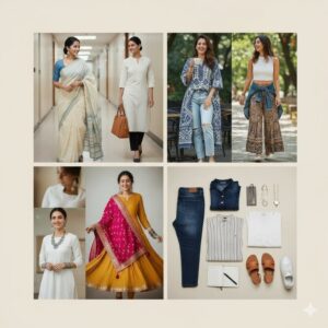 Four images showing daily wear fashion: office wear, casual outfits, festive wear, and a mix-and-match collection of clothes and accessories.