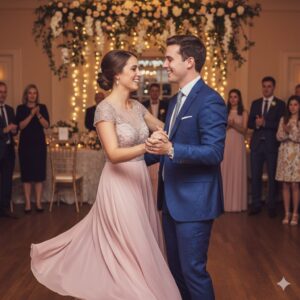 A happy newlywed couple dancing closely at their wedding reception.