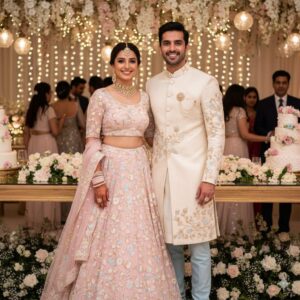 A joyful South Asian couple poses at a beautifully decorated wedding reception. The woman wears a light pink lehenga with blue and gold floral embroidery, paired with a matching blouse and traditional jewelry. The man wears an off-white sherwani with coordinating embroidery and light blue trousers. Soft lighting, floral arrangements, and wedding cakes create a dreamy background, while other guests are softly blurred.
