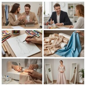 A six-panel collage illustrates the fashion design process, including discussions, sketching, fabric selection, sewing, and a final dress fitting.