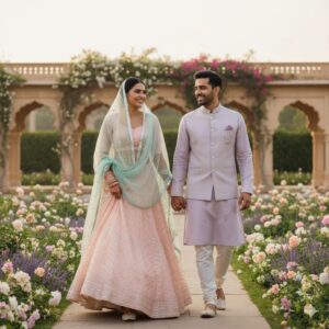 A smiling Indian couple dressed in traditional wedding attire, walking hand-in-hand down a garden path lined with flowers. The woman is wearing a light pink lehenga with a mint green dupatta, and the man is in a light purple kurta with a matching patterned vest.