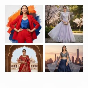 Four women in stylish outfits, including a red power suit, lilac gown, traditional red bridal lehenga, and modern navy lehenga with cape sleeves, photographed in artistic and scenic settings.