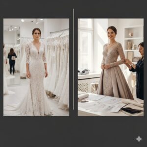 A side-by-side comparison of a woman trying on a wedding dress. On the left, a woman stands in a store wearing a standard-sized, ready-made lace gown. On the right, a smiling woman is having a custom-made gown fitted to her by a designer in a studio.