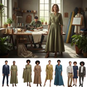 Designers working in studio with sustainable dresses on display; models showcase eco-friendly fashion collection.