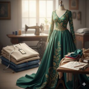 Custom-made vs ready-made clothing: tailored green gown with sketches and tools beside mass-produced folded clothes.