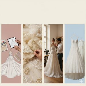 A four-panel image illustrating the process of creating a custom wedding outfit. 