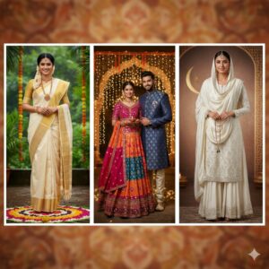 A collage of three images showcasing traditional outfits for Indian festivals. The first image shows a woman in a white and gold kasavu saree for Onam. The second image features a couple in a vibrant lehenga and sherwani celebrating Diwali. The third image displays a woman in an elegant white sharara and long kurta for Eid.
