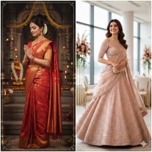 A side-by-side image showing a woman in two styles: on the left, a traditional red saree in a temple, and on the right, a modern pink lehenga in a reception hall.