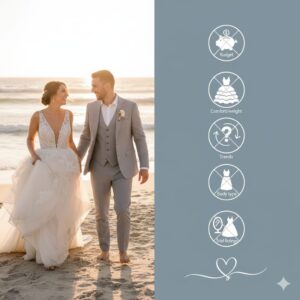 A bride and groom in wedding attire walk hand-in-hand on a beach at sunset, with a muted teal panel to their right featuring five circular icons representing common wedding dress mistakes: budget, comfort/weight, trends, body type, and trial fittings. Below the icons is a heart design.