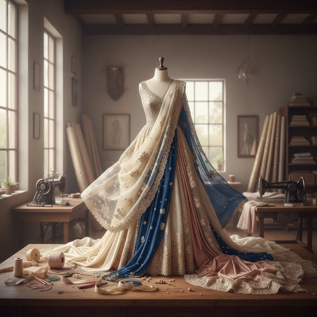 A beautifully draped custom dress on a mannequin in a sunlit atelier, surrounded by tailoring tools and fabric rolls. The dress features intricate gold embroidery on cream, blue, and pink fabrics, flowing elegantly onto a wooden table.