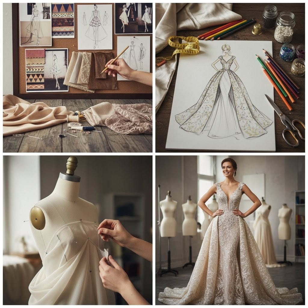 A four-panel image illustrating the custom outfit design process. The top left shows a designer working on a mood board with sketches and fabric swatches. The top right features a detailed fashion illustration of a gown surrounded by colored pencils and design tools. The bottom left shows hands pinning fabric onto a dress form, demonstrating the tailoring process.