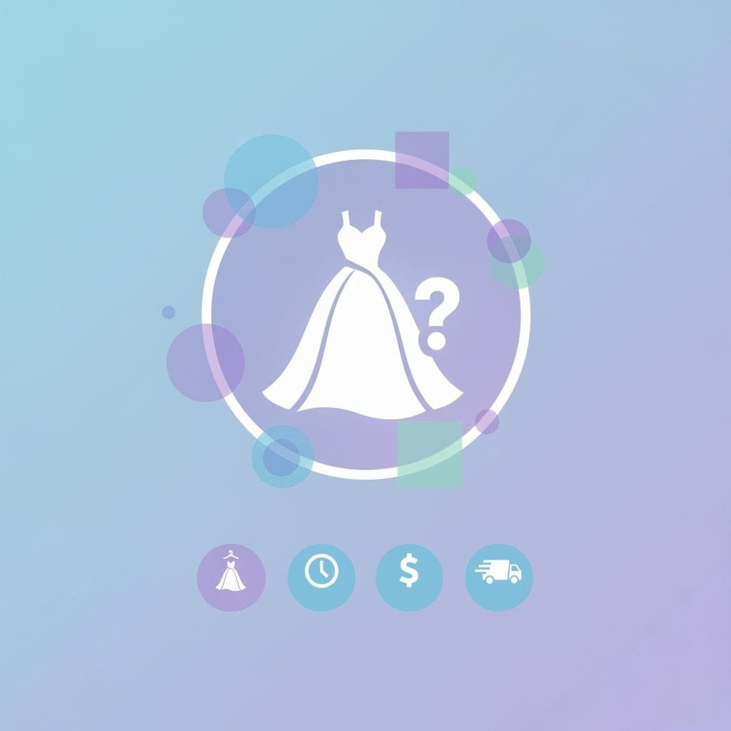An abstract visual representing the simplicity and clarity of custom outfit FAQs. It features a central question mark inside an outline of a dress, surrounded by light, overlapping circles in soft pastel colors.